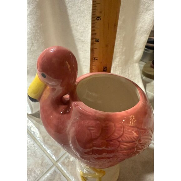 Hand-Painted Ceramic Flamingo Planter Vase Pink & Yellow ; Pretty in Pink Flamin - Picture 7 of 11